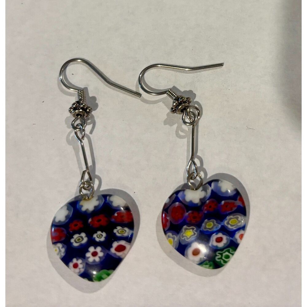 GlassofVenice Murano glass millefiori heart earrings blue floral